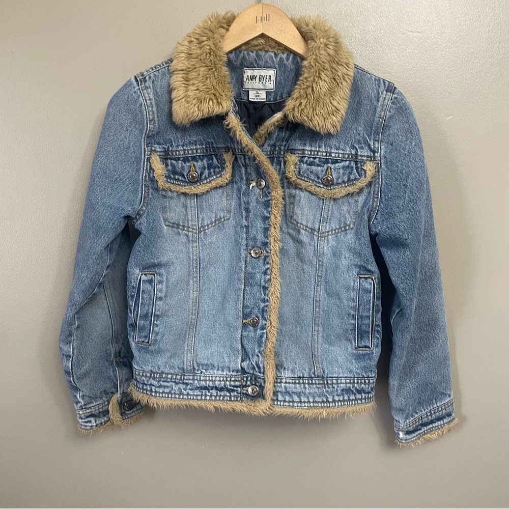 Amy Byer Denim Jacket Fur Trim Girls Size L 14 Blue Jean